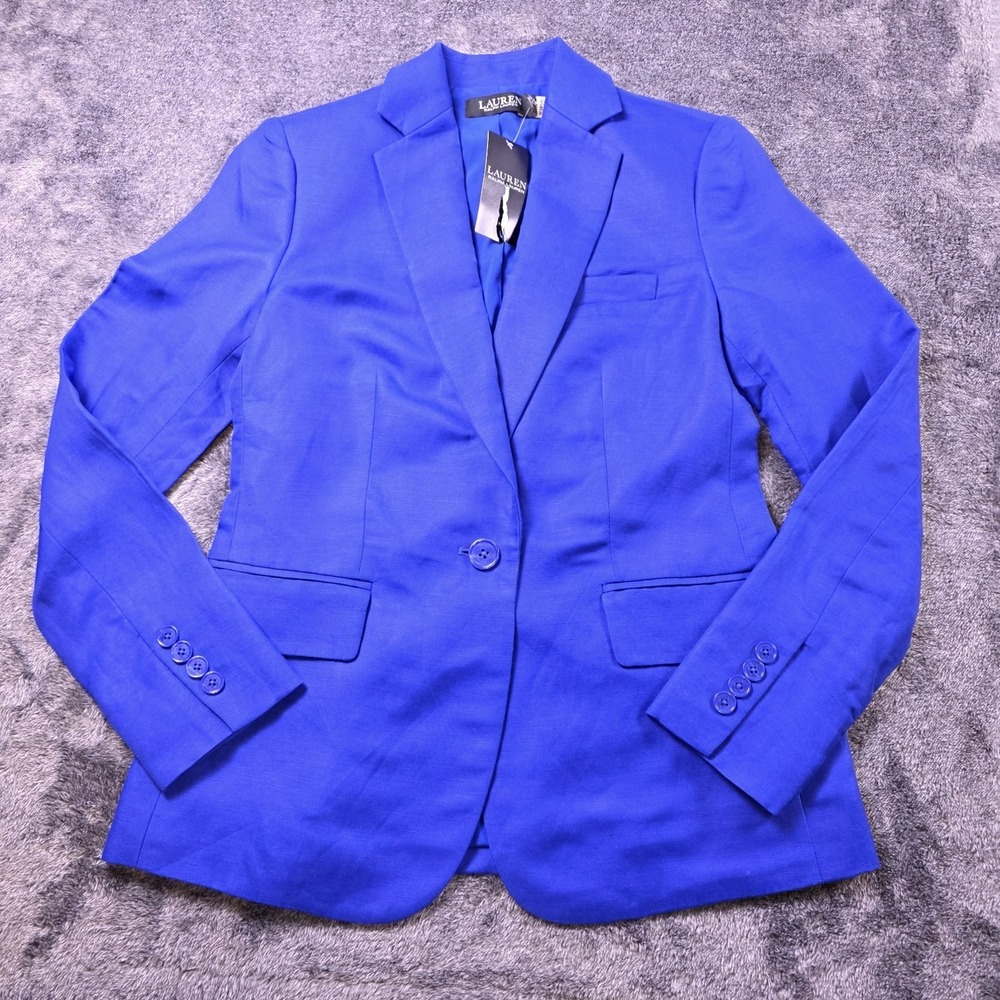 Lauren Ralph Lauren Linen Blazer Womens 0P Jacket Summer Bold Blue Career Wear